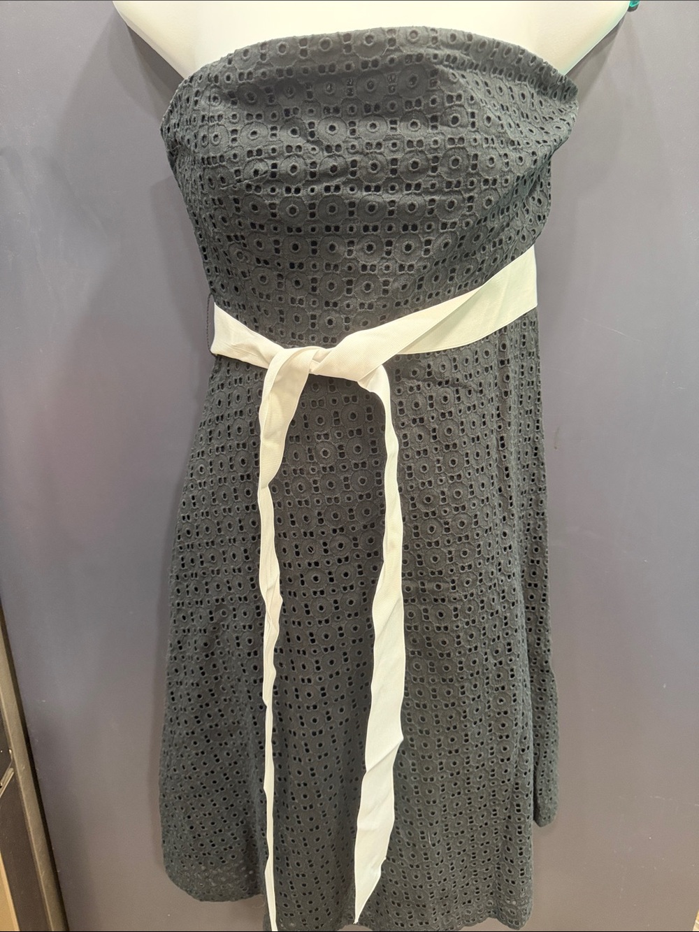 New York & Company Charcoal Gray Strapless Eyelet Dress with White Waist Tie